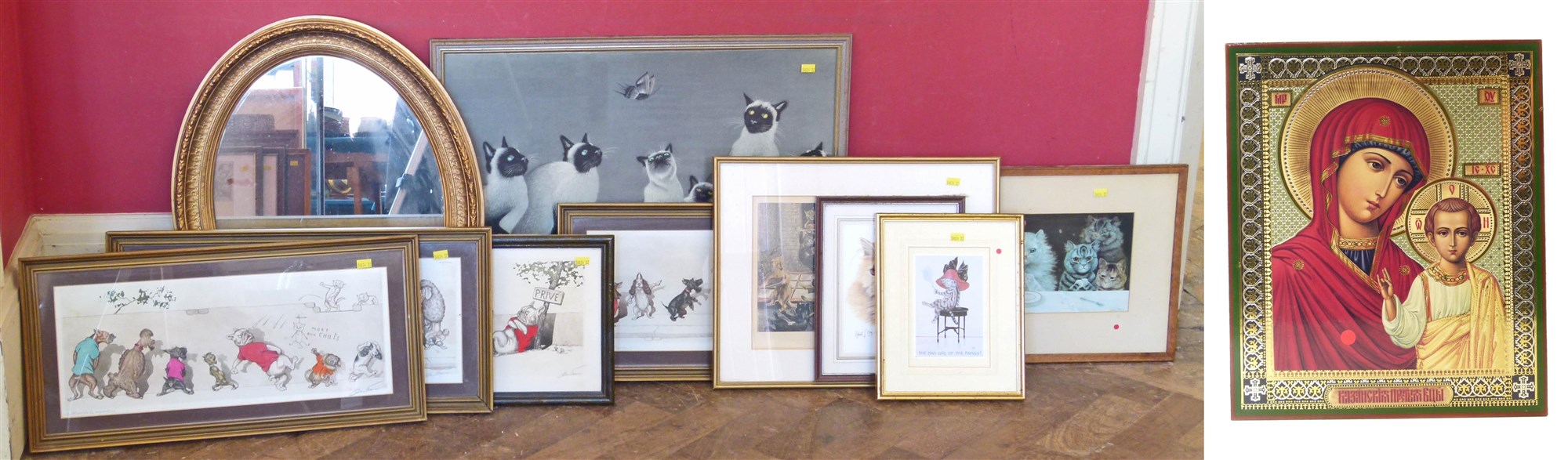 A quantity of assorted Cat & Boris Oklein humorous dog etchings together with an oval wall mirror