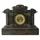 A Victorian slate mantle clock in the style of a temple with marble column detail, eight day, two