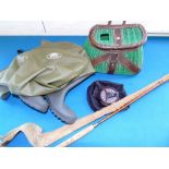 Fly fishing Hamlin Splitcane rod, Leeder reel, Green Creel, and a pair of size 8 chest waders by