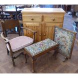 Modern low cane seated chair, stool on cabriole legs, tapestry fire screen and pine dresser base.