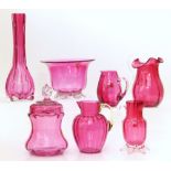 Seven pieces of Cranberry glass Unfortunately we are not doing condition reports on this sale.