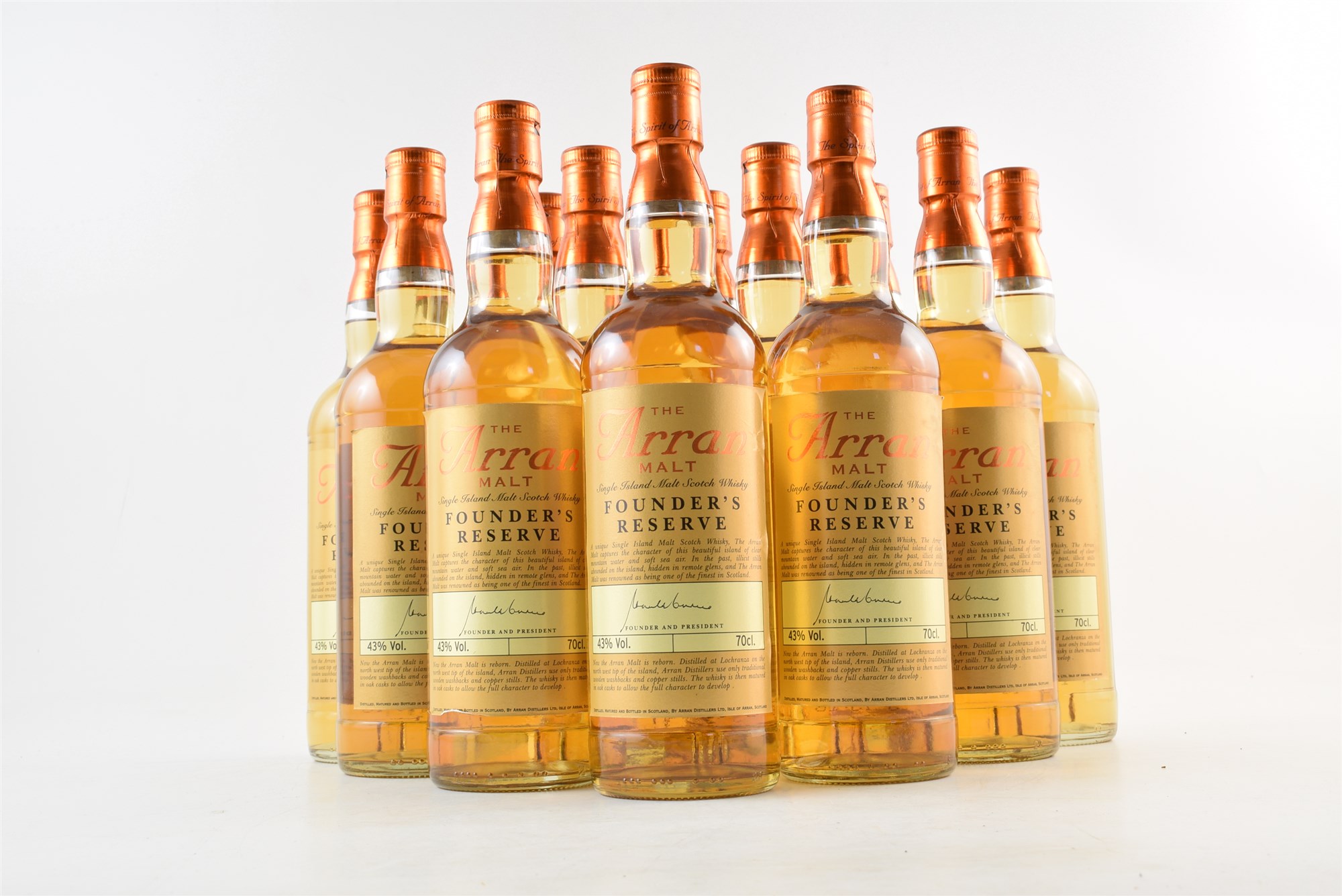 12 x bottles of The Arran Malt Founder's Reserve Scotch Whisky. 70cl.