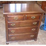 Reprodux Bevan Funnell oak chest of two short and three long drawers, 76cm wide. Unfortunately we