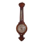 A 19th century mahogany banjo barometer. With silvered forecasting dial, brass bevel, bone handle