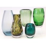 Five Whitefriars vases in green and light blue glass, the largest vase measures 20cm high