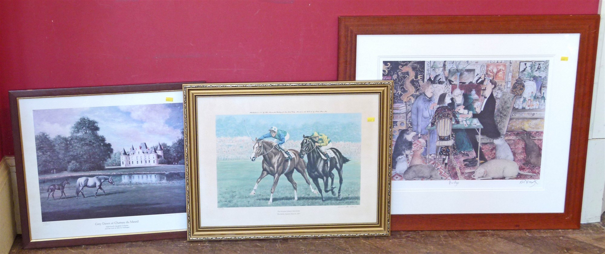 Sue Snape, 20th century- "Bridge" signed print and two more signed horse racing prints by Richard