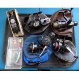 A collection of fishing reels including two Mitchell 300 reels with metal spool case, Shakespeare