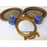 Oval gilt framed wall mirror and a pair of oval Angelica Kauffman prints and a pair of ginger