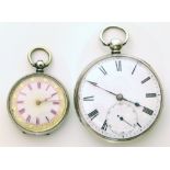 A continental ladies silver small pocket watch and a silver gents pocket watch with marks for