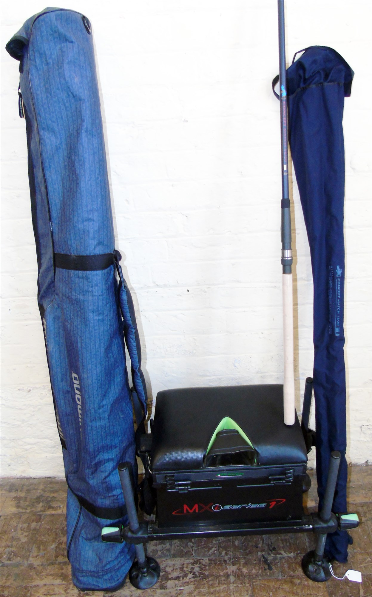 Mayer MXI series 1 fishing seat box, concept match 18/20 rod in bag and Shimano hold-all rod bag.