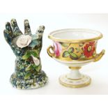 An early 19th century English porcelain vase also a continental porcelain hand and rose