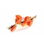 Victorian coral yellow gold bar brooch, carved flower head and leaf design yellow gold branch