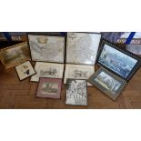 Two maps, Chester & Staffordshire (Robert Morden), print of Nantwich Church, charcoal, "St. Mary's