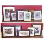 A collection of various dog pictures to include signed prints by Mick Cawston, Lucy Dawson, John