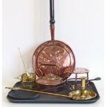 A copper warming pan, copper kettle and stand, along with other assorted brass ware Condition