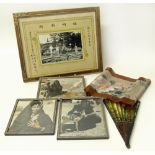 Four framed photographs of rural scenes in the East, a painted fan and scroll tapestry Condition