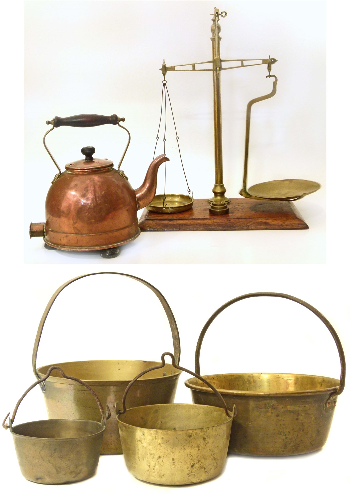 A set of brass balance scales complete with five graduated weights, a vintage copper kettle and four