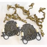 A pair of pewter wall lights and three gilt metal wall lights Condition reports are not available