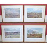 Four coloured J. King prints featuring "The Burton", "Sturmer Mere", "Radley Cottage" and one other.