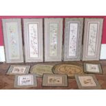 Five silk Chinese tapestries of flowers, frames, along side several unframed smaller tapestries