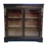 Victorian ebonised pier cabinet, rectangular top above two glazed doors, original velvet lined