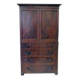 George III mahogany cupboard on chest, moulded cornice above two single panel doors, each which