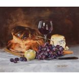 Neil Faulkner (b.1952), Still life with bread, cheese, fruit and a glass of wine, signed, oil on