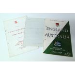 England Vs Australia 1958 rugby program with 30 Australian signatures on team autograph sheet, T.G.D