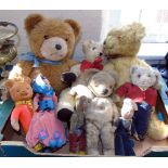 Mid 20th century teddy bear, four stuffed figures, rubber "Rupert The Bear" and three vintage