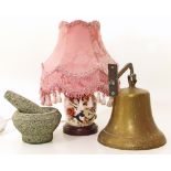 Brass ships style bell, Masons lamp base complete with shade together with a pestle and mortar