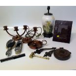 Collection of metal ware to include an Arts & Crafts chamber stick, pair of copper candelabra, brass