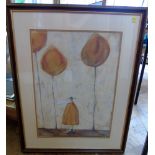 Framed 20th century gouache of stylised figure in tree holding dog lead, signature unclear.