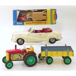 Tin plate Zetor tractor and trailer, Maisto BMW 5oz car and Matchbox king size articulated horse van