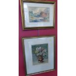 Two watercolours, Ivan Taylor, Flatbury Mill and J. Harrison, Floral still life. Condition reports