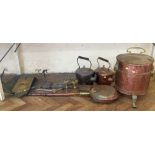 Avery steel yard, Salters scales, and a collection of copper and brassware. Condition reports are