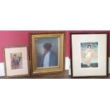 Three ornately framed female portraits to include signed lithographs, painted over prints and an