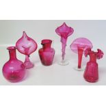 Three Victorian cranberry jack in the pulpit vases, a jug and two others Condition reports are not