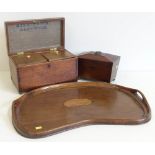 Oak and mahogany cross-banded tea caddy from Nantwich, plus one other and a mahogany marquetry tea