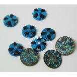 6 carved turquoise beads, also with 3 yellow metal buttons inset with turquoise pieces Condition