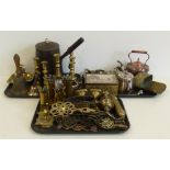 Four pairs of brass candlesticks, riding/equestrian plaques and medals and other assorted brass