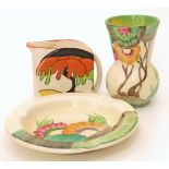 Clarice Cliff Woodland jug, also a vase and an ashtray Condition reports are not available for