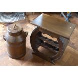 Wooden container in the form of a milk churn and wooden wine rack. Condition reports are not