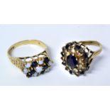 Two 9ct gold dress rings, one inset with opal and sapphires, the other with blue and white sapphires