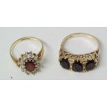 A three-stone garnet 9ct gold ring and garnet 9ct cluster ring Condition reports are not available