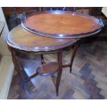 Oak mahogany Edwardian two tier occasional table and oval two handled inlaid tray Condition