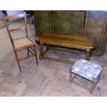 A reproduction oak coffee table Edwardian inlaid bedroom chair and small stool on turned legs