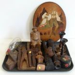 Collection of wood carved collectors items, including a stained wood plaque by S. Morgan, along with