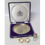 A silver boxed silver Royal wedding anniversary 1972 salver with certificate also a pair of napkin