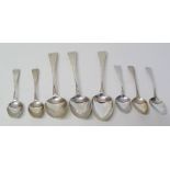 Five Georgian silver teaspoons and three matched Georgian tablespoons Condition reports are not