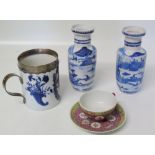 Chinese export porcelain tankard, also a pair of vases and a cup and saucer Condition reports are